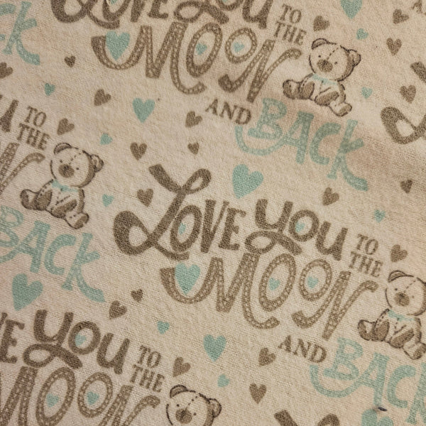 Love you to the moon and back. Gray and blue with bears. Flannel and terry cloth